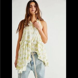 Free People Small Madison Yellow Floral Print Oversized Top Boho Peasant Hippy